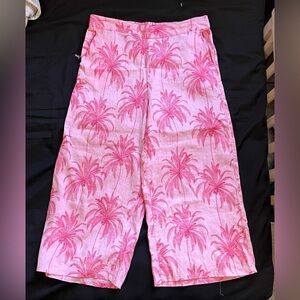 Tahari Pants Womens XL Pink Palm Leaf Linen Wide Leg Drawstring Pockets